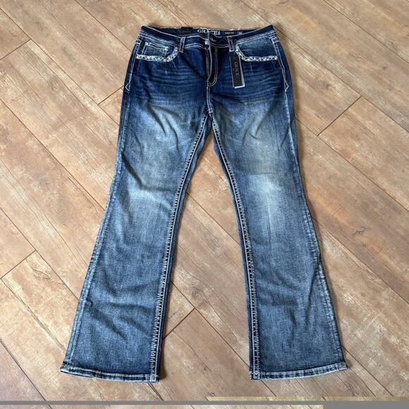 Grace in L.A. Easy Fit Bootcut Jeans Size 33 NWT Embroidered Rhinestone Pockets - Picture 2 of 10